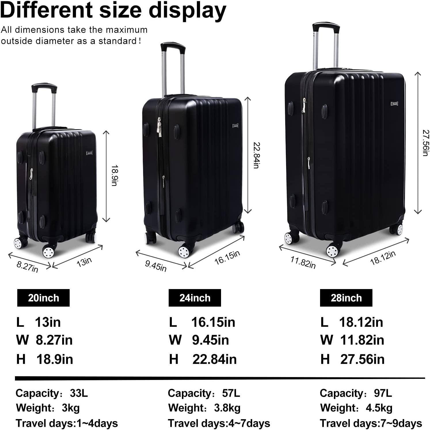 3 Pieces Luggage Sets Hardshell Carry On Suitcase Sets with Spinner Wheels (black, 3 piece set)
