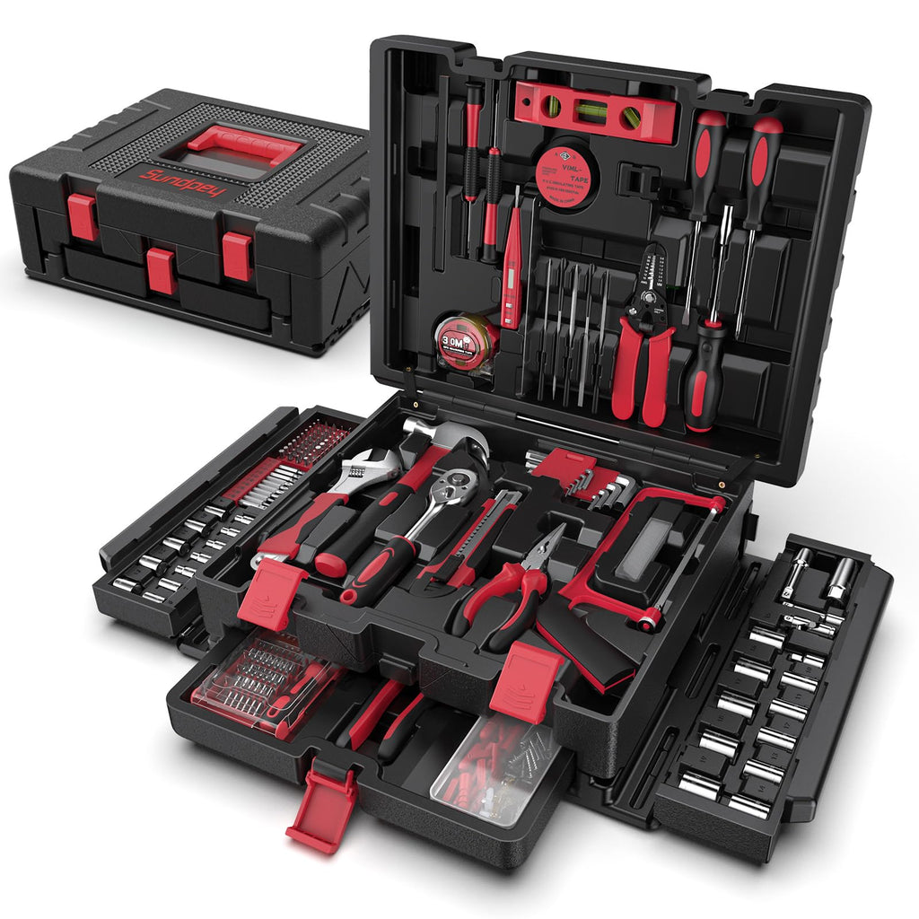 Home Tool Kit with Drawer - 379-PCs Portable Complete Household and Auto Repair Tool Set - Hand General Basic Tool Box StoraCase - Full Basic Toolkit for Handyman & Diyer & Homeowner Red