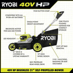 Powerful 21 in 40V Lithium Ion Battery Self-Propelled Lawn Mower 2 6Ah Batteries