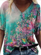 Women'S V-neck Floral Print Fashion Short-sleeved T-shirt