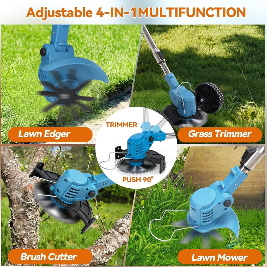 Electric Weed Wacker,Cordless Weed Eater 20000R,Battery Powered, 4-in-1 Brush Cutter with Wheel,Lawn Mower for Grass, 6 inch String Trimmer for Shrubs, Weeds,Weed Trimmer for Garden Yard