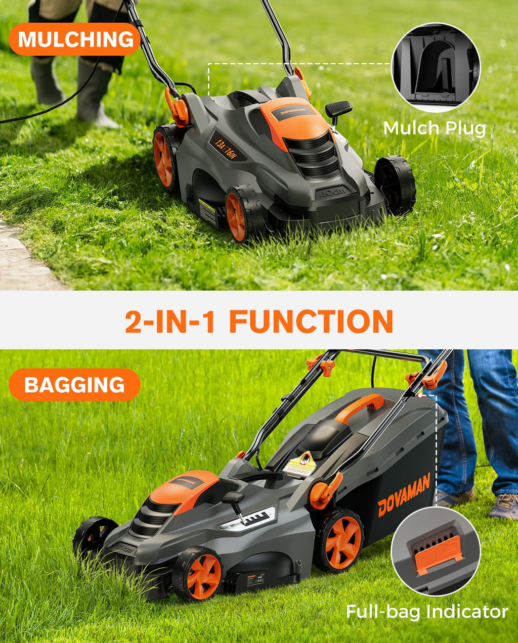 13Amp 16" Lawn Mower, 98% Collection, 13.2-Gallon Bag, 5-Position Height Adjustment, 3-Step  Vertical Fold Storage, 2-in-1 Mulching &amp; Bagging, Corded Lawn Mower for Your Garden