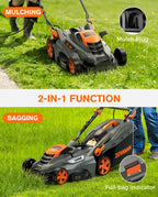 13Amp 16" Lawn Mower, 98% Collection, 13.2-Gallon Bag, 5-Position Height Adjustment, 3-Step  Vertical Fold Storage, 2-in-1 Mulching &amp; Bagging, Corded Lawn Mower for Your Garden