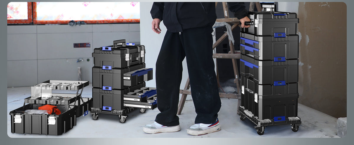 5 Tier Stackable Tool Box with Wheels,Rolling Tool Box with Drawers,Modular Tools Organizer,Portable Tool Box with Transparent Parts Box,LarCapacity Toolbox,for GaraStorage,Home and Repair Shop