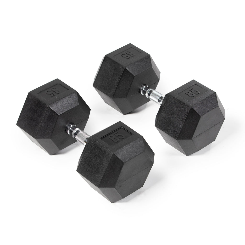 Fitness Rubber Hex Dumbbells 85 lb. Pair Ergonomic Chrome Handles