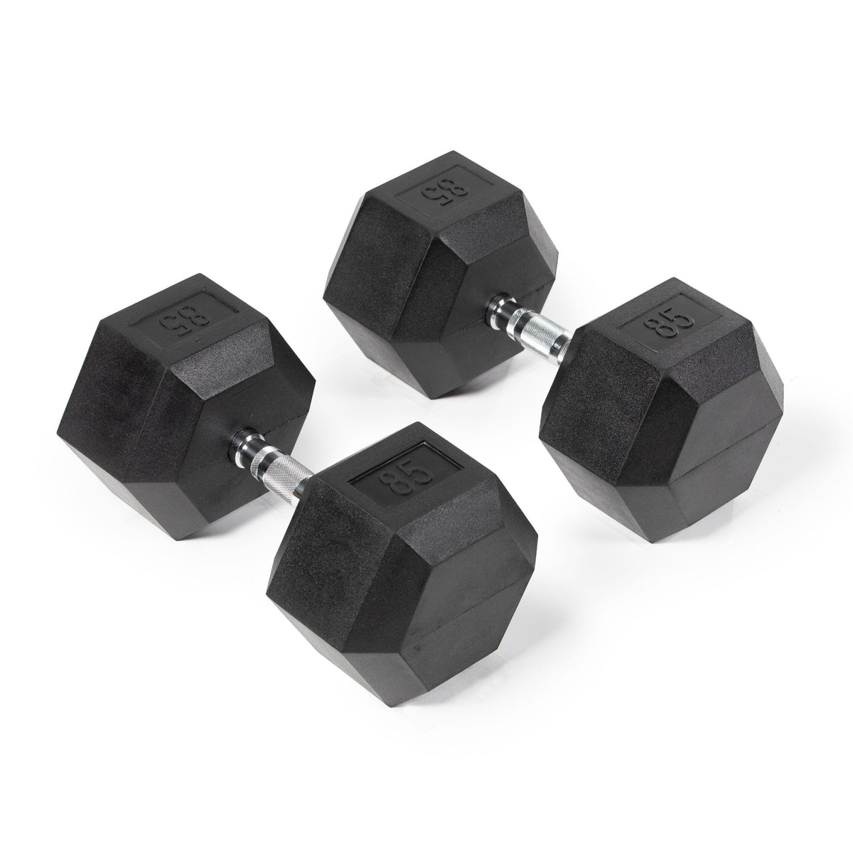 Fitness Rubber Hex Dumbbells 85 lb. Pair Ergonomic Chrome Handles