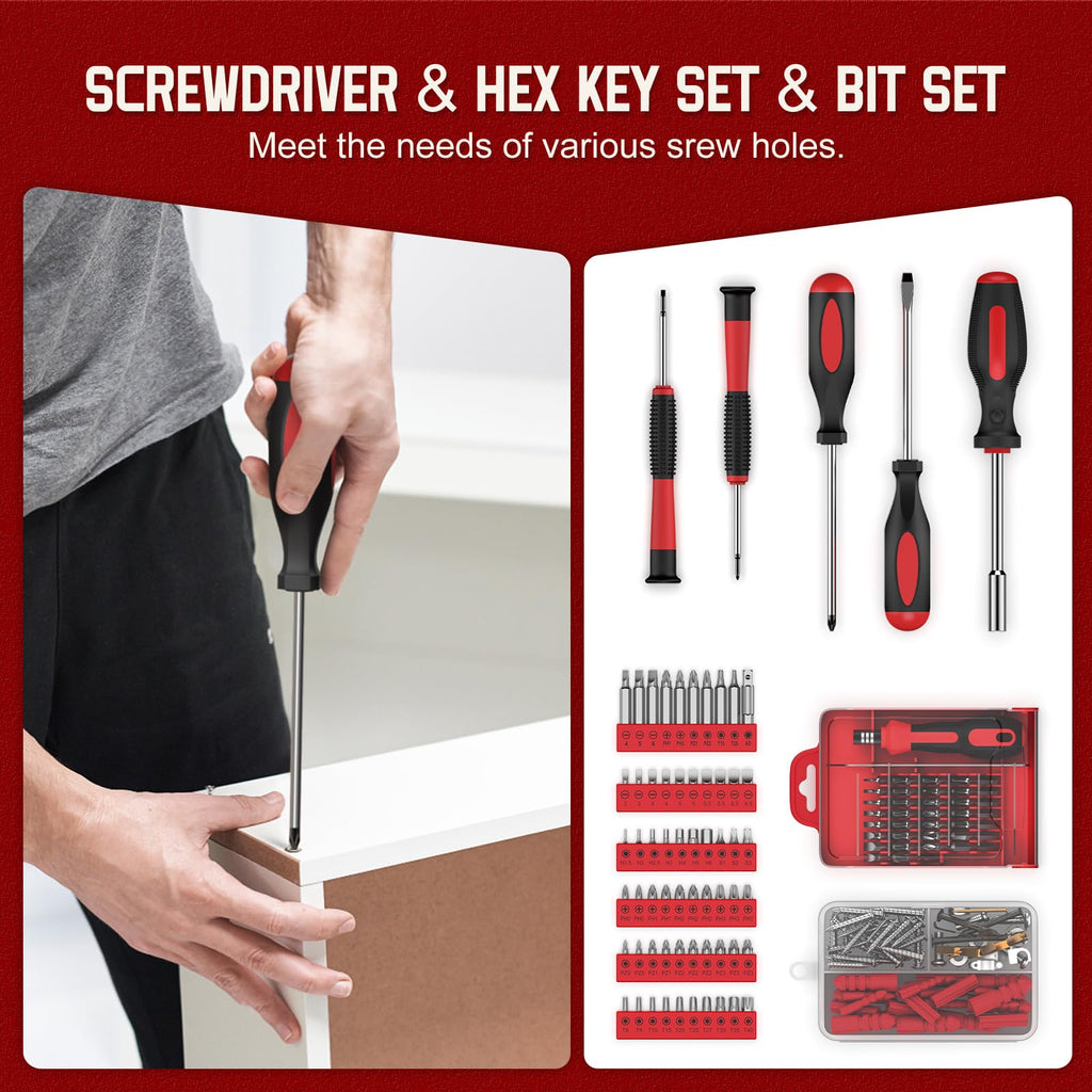 Home Tool Kit with Drawer - 379-PCs Portable Complete Household and Auto Repair Tool Set - Hand General Basic Tool Box StoraCase - Full Basic Toolkit for Handyman & Diyer & Homeowner Red