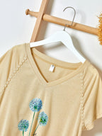 Ladies Dandelion Printed V-Neck Short Sleeve T-Shirt
