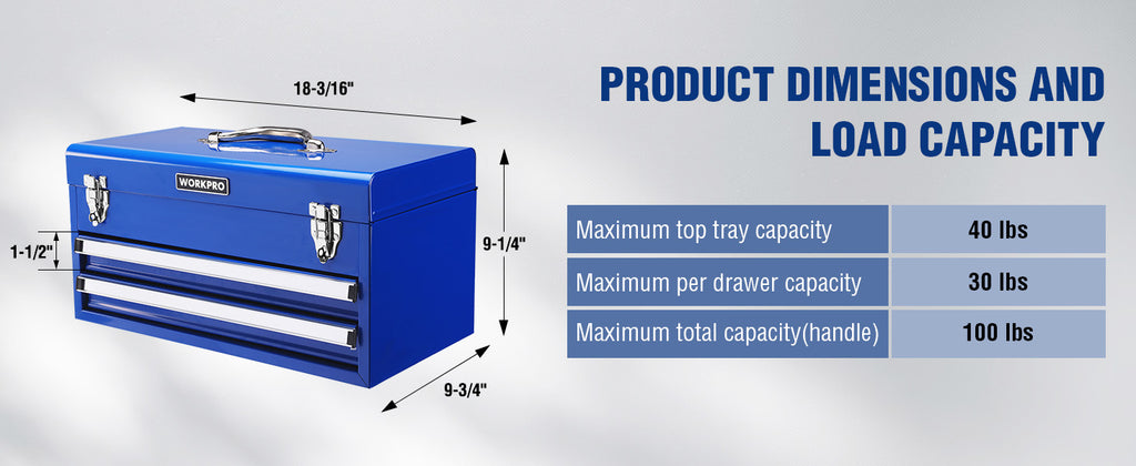 Tool Box with Drawers, 18 Inch with 2 Drawers and 1 Top Storage, Portable Toolbox with Metal Latch and Liner for Garage, Office and Home Storage, 100 LBS Load Capacity (Totally)