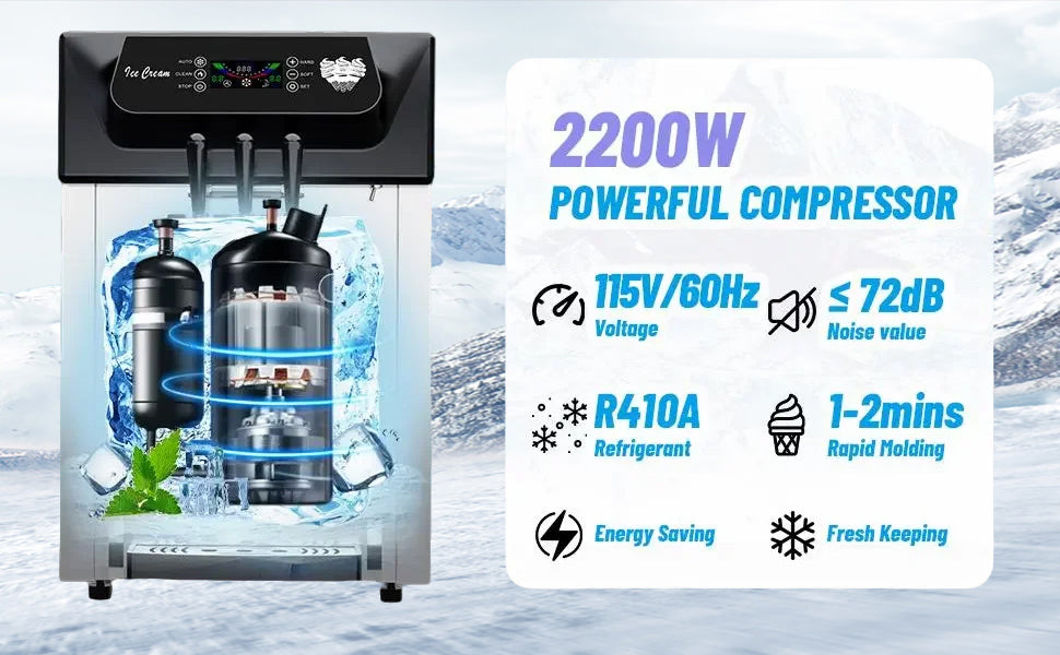 Commercial 2+1 Flavor Soft Serve Ice Cream Maker Machine, 7.4 Gal/Hour Countertop Ice Cream Machine with Self-Cleaning, LCD Display & Adjustable Hardness for Restaurants, Bubble Tea and Snack Shops, 2
