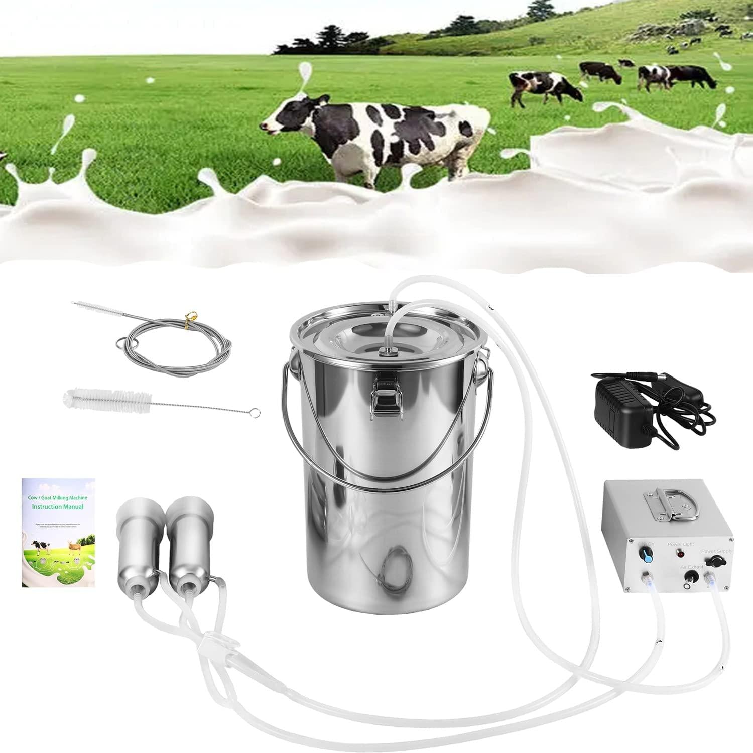 lyfreen rechargeable milking machine for cows, adjustable impulse milking supplies portable vacuum pump milker with bucket livestock domestic farm milking device(7l)