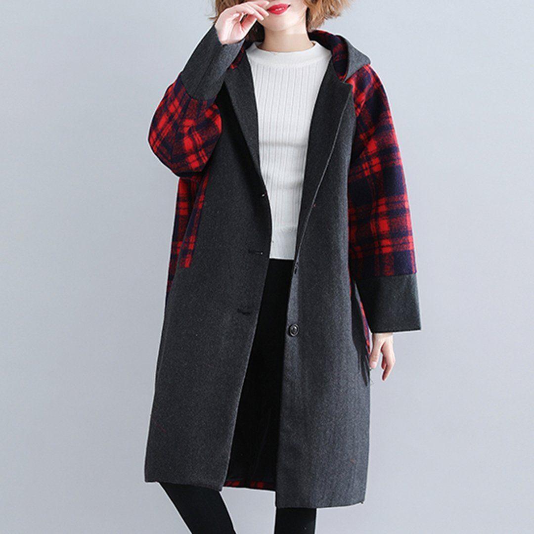 babakud plaid paneled plus size hooded windbreaker coat