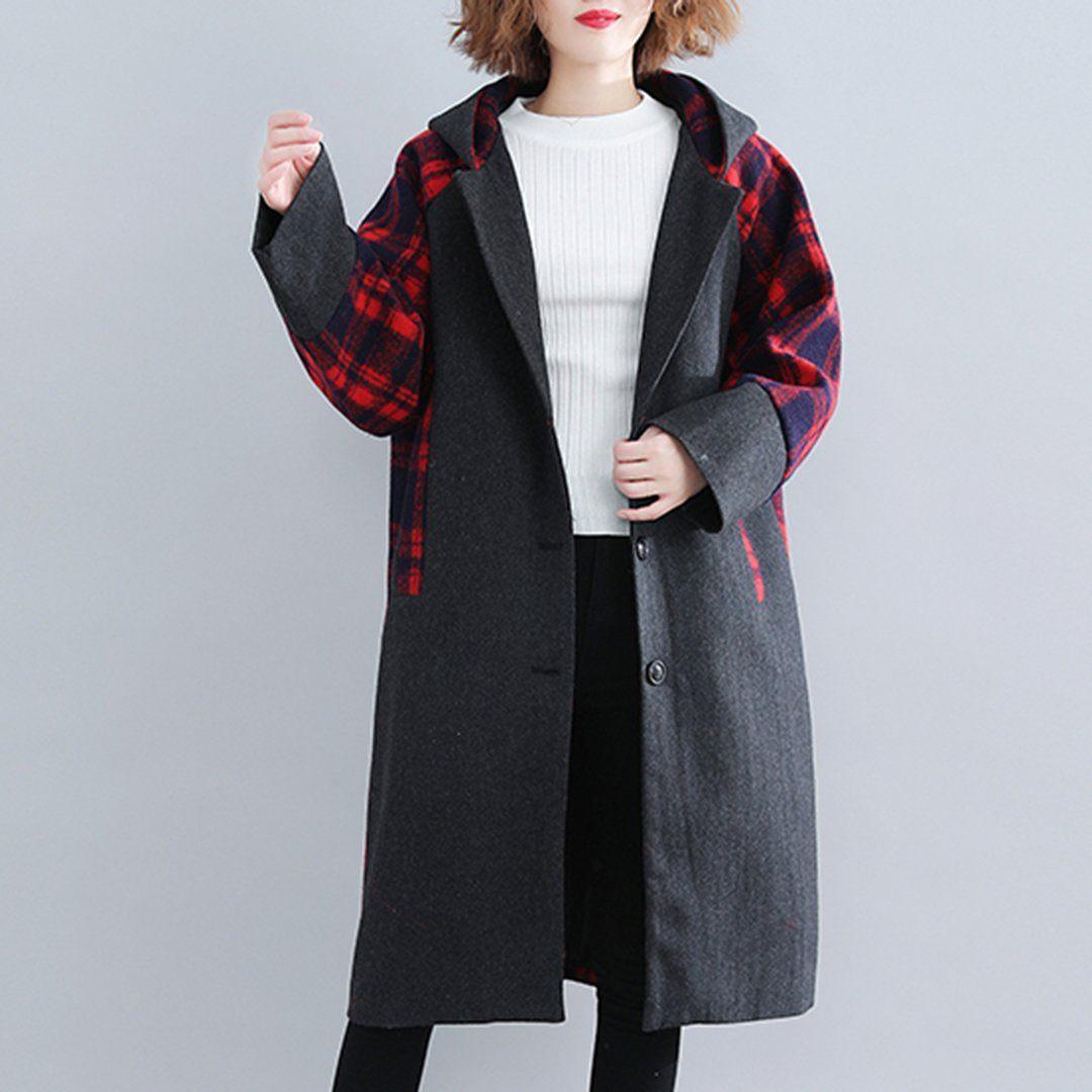 babakud plaid paneled plus size hooded windbreaker coat