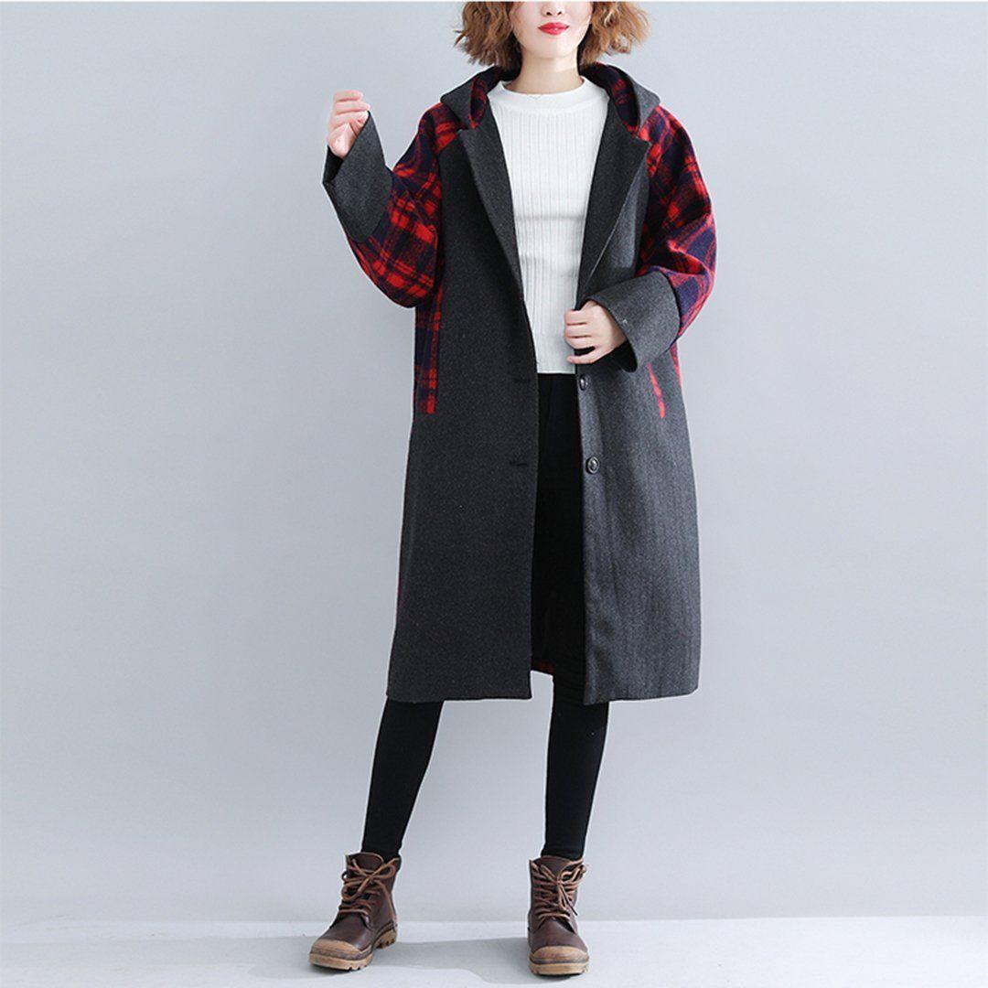 babakud plaid paneled plus size hooded windbreaker coat