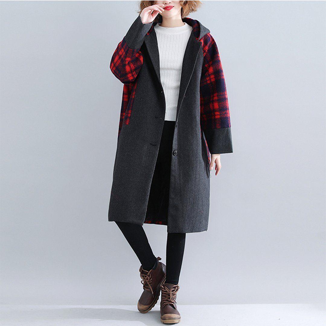 babakud plaid paneled plus size hooded windbreaker coat