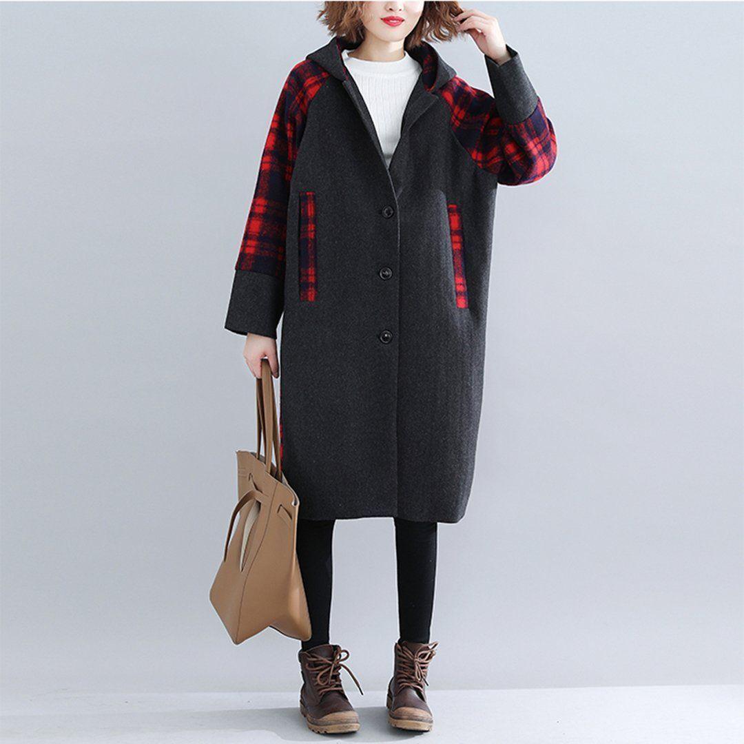 babakud plaid paneled plus size hooded windbreaker coat