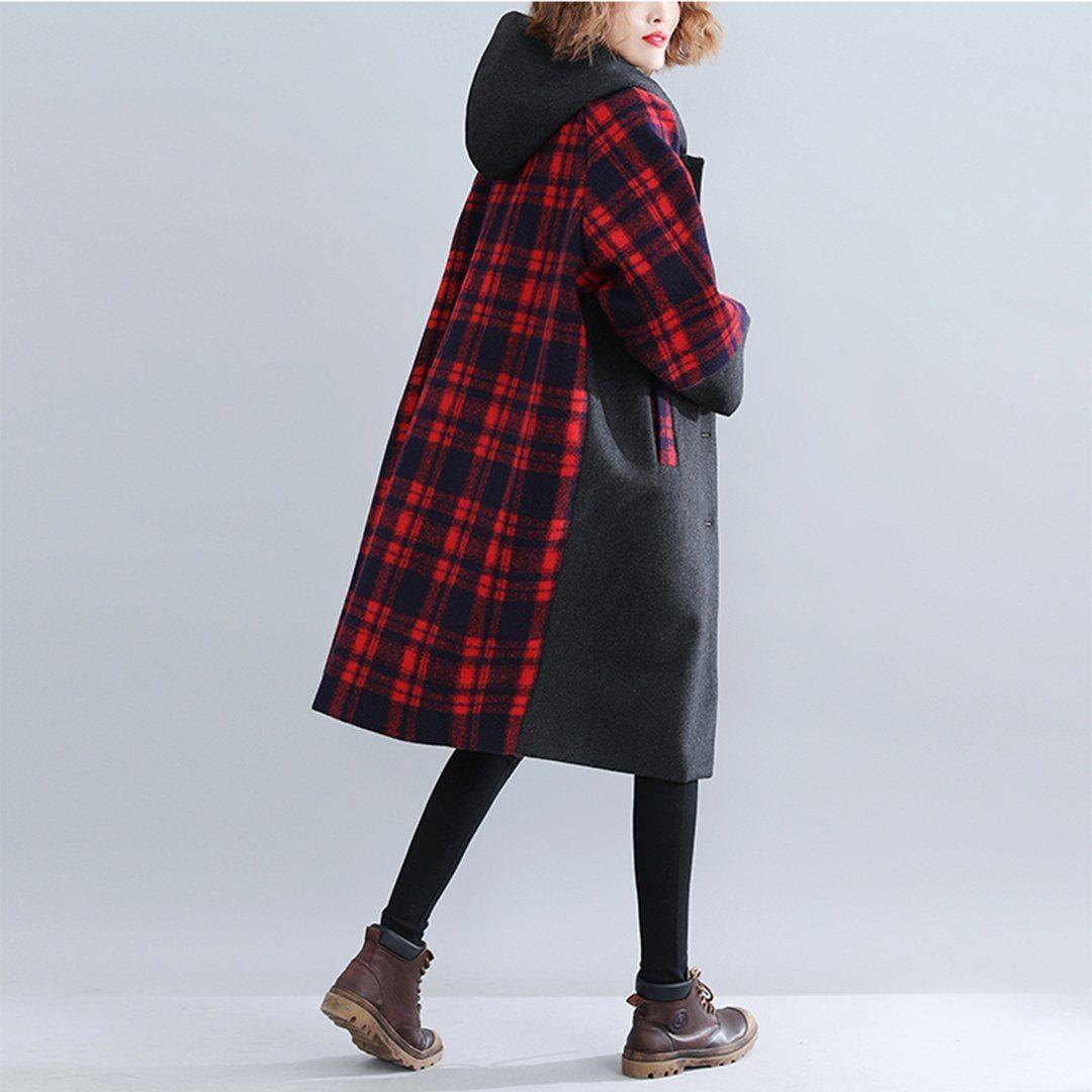 babakud plaid paneled plus size hooded windbreaker coat