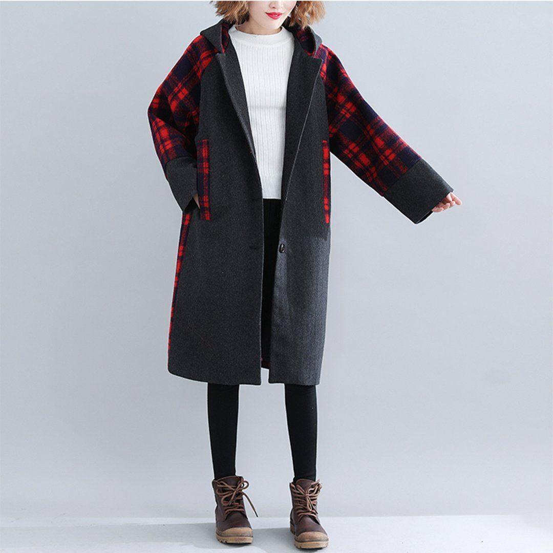 babakud plaid paneled plus size hooded windbreaker coat
