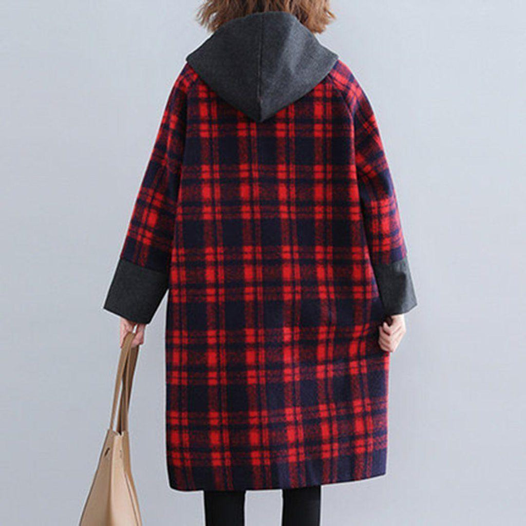 babakud plaid paneled plus size hooded windbreaker coat