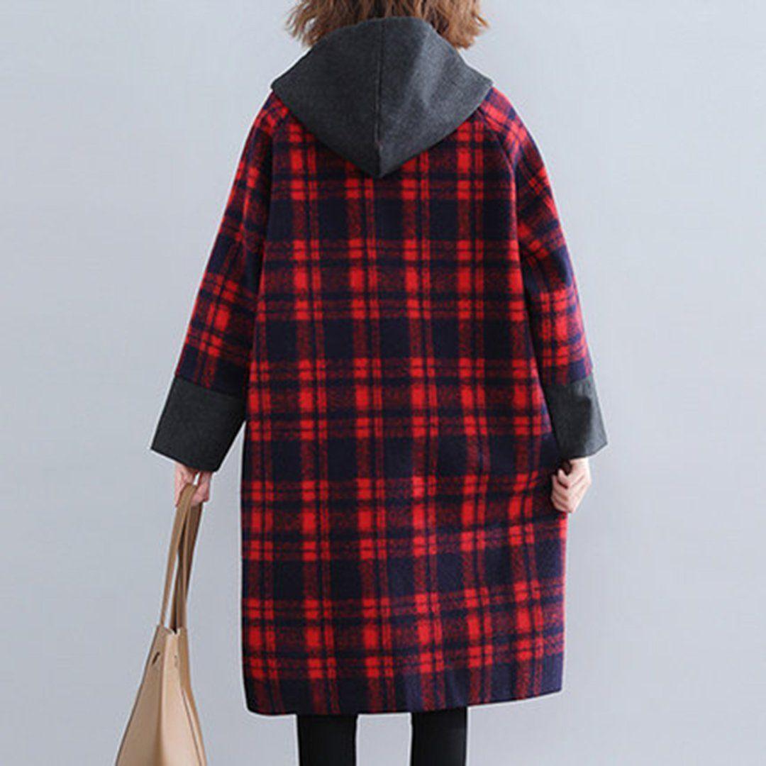babakud plaid paneled plus size hooded windbreaker coat