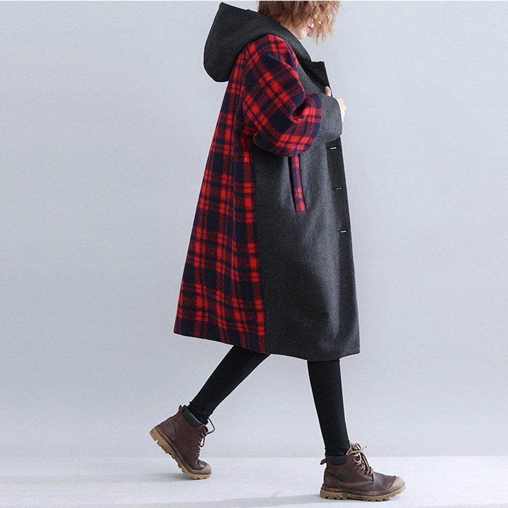 babakud plaid paneled plus size hooded windbreaker coat