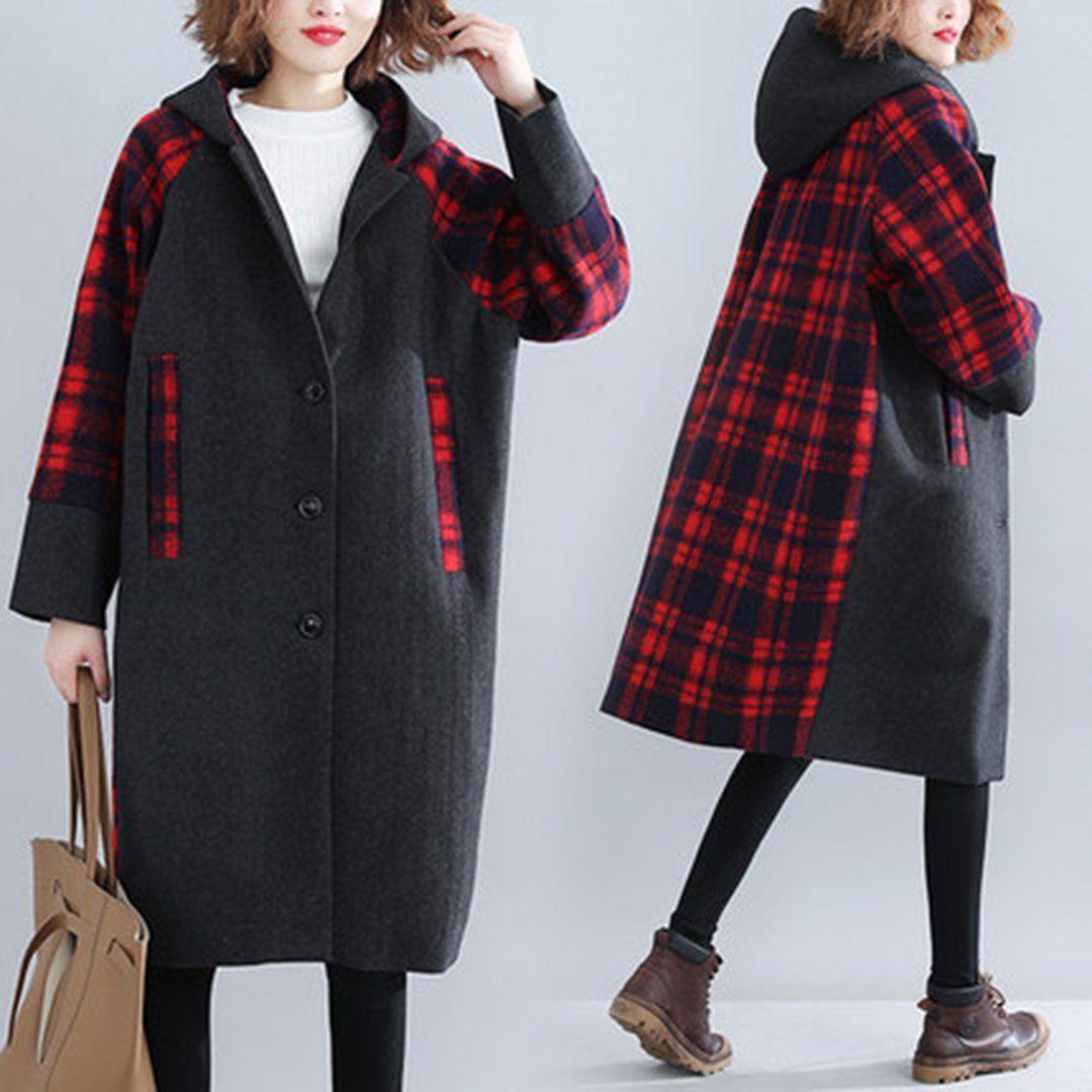 babakud plaid paneled plus size hooded windbreaker coat