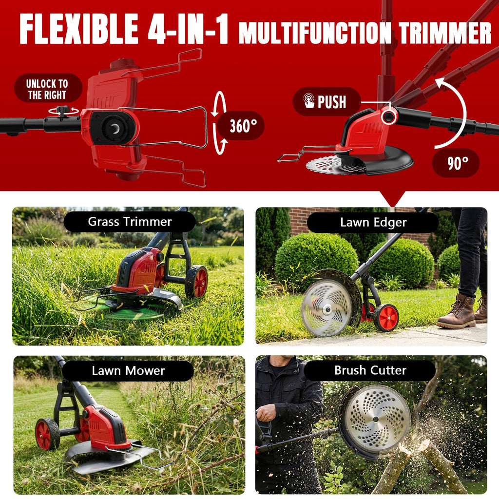 20000RPM Electric Weed Wacker Cordless with Wheel, 6000mAh Electric Weed Eater Battery Powered,4-in-1 Brush Cutter/String Trimmer/Grass Trimmer/Edger,Stringless Weed Trimmer,2 Battery