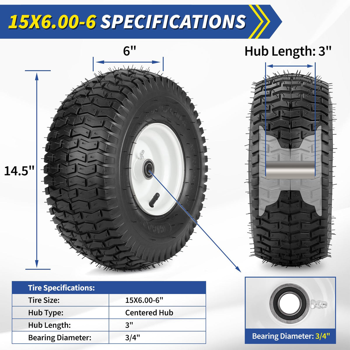 15x6.00-6 Rubber Lawn Mower Tire and Wheel, 2 Pcs Replacement 15x6-6nhs Riding Mowers Lawn Tire and Wheel with Bearing Bore 3/4", 3" Centered Hub