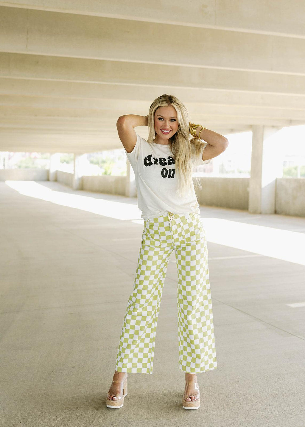 &amp; white checkered print pants