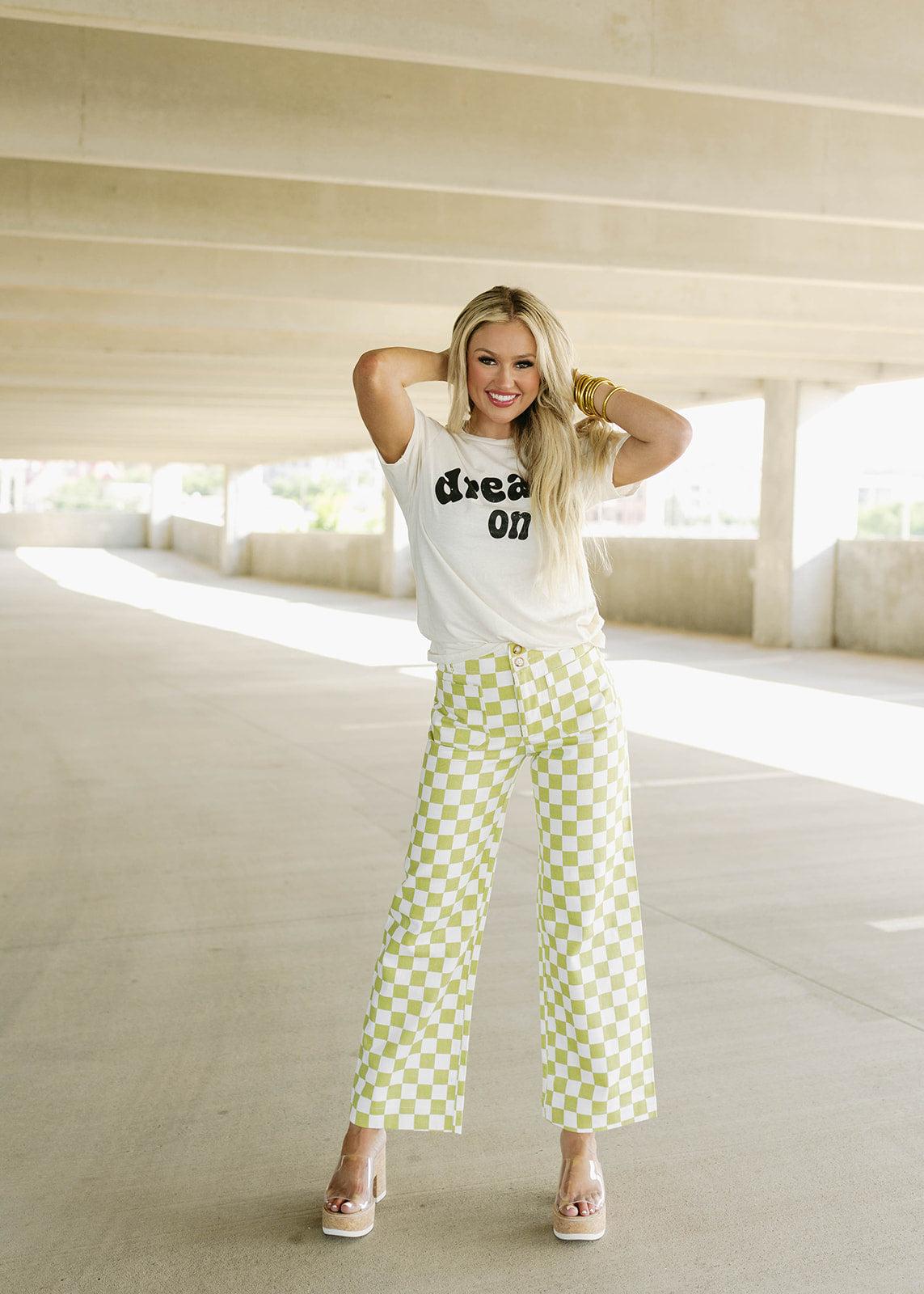 &amp; white checkered print pants