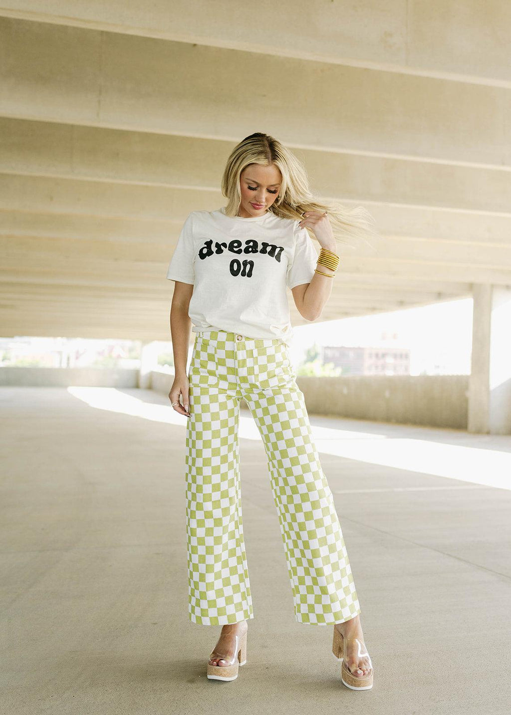 &amp; white checkered print pants