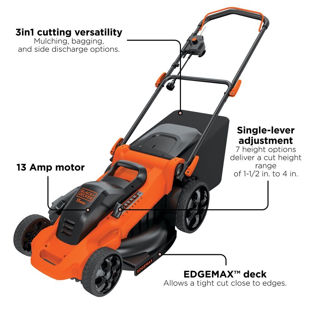 20-Inch Corded Electric Lawn Mower, Ultra Light Push Mower, 13-Amp High Output Motor, 3 in 1 Cutting Versatility, Tool Height Adjustment, 7-setting Cutting Height (MM2000)