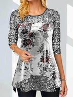 Fashion O-Neck Plant Flower Print Long-Sleeved T-Shirt