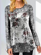Fashion O-Neck Plant Flower Print Long-Sleeved T-Shirt