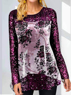 Fashion O-Neck Plant Flower Print Long-Sleeved T-Shirt
