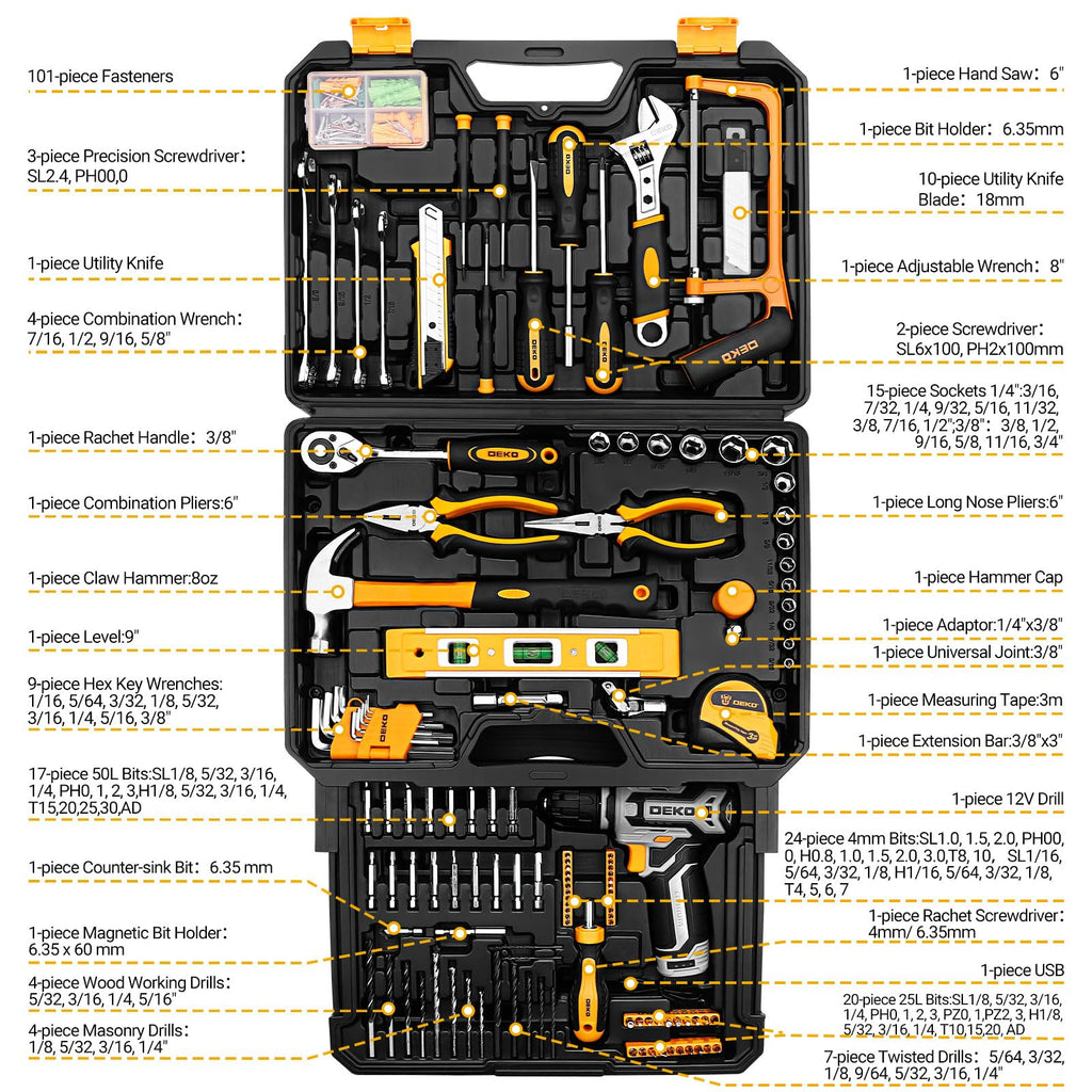 Tool Kit Box Drill Set： Home Mechanic Toolbox with 12V Power Cordless Drill Hand Repair Tools Sets Combo Kits StoraOrganizer Drawer Case for Men