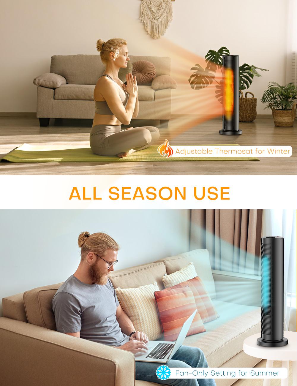 BREZEWELL Space Heater - 1500W Tower Fan &amp; Portable Heater with Timer and Remote FH500 Indoor Use 24''