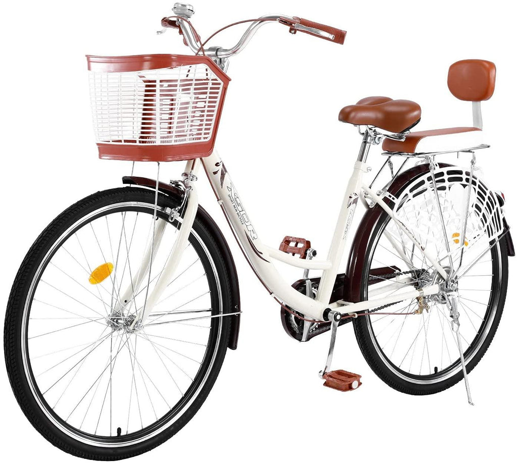 Womens Cruiser Bike, 24 inch 1 Speed Classic Retro Bicycles for Women &amp; Men, Comfortable Women's Seaside Travel Bicycle for Picnics &amp; Shopping, Adult Beach Cruiser Bike with Baskets &amp; Back Seat