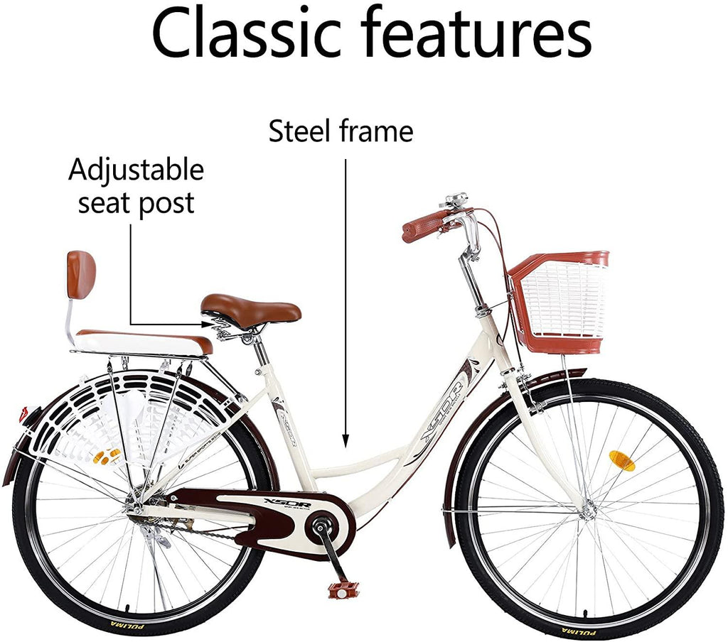 Womens Cruiser Bike, 24 inch 1 Speed Classic Retro Bicycles for Women &amp; Men, Comfortable Women's Seaside Travel Bicycle for Picnics &amp; Shopping, Adult Beach Cruiser Bike with Baskets &amp; Back Seat