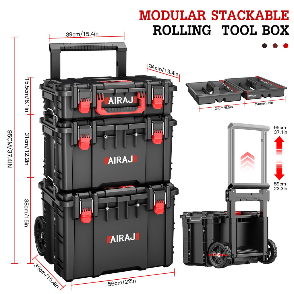 Rolling Tool Box with Wheels Heavy Duty,Modular Stackable Tool Box Organizer,Waterproof Toolbox for Hand/Power Tools,Removable Divider/Parts Box,All-terrain Durable Wheels,Telescopic Pull Rod Handle