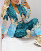 Ladies Fashion Blue Gradient Printed Bronzing Suit Suit