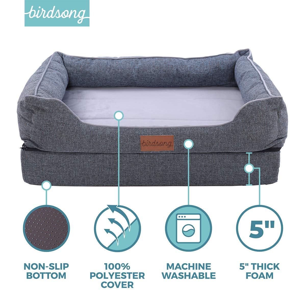 PLS Birdsong Fusion Orthopedic Dog Bed with Plush Bolster Sides, Firm Foam Dog Bed, Dog Beds for LarDogs with Removable Cover