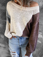 Irregular Color Crew Neck Long-Sleeve Sweater Pullover