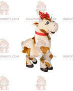 BIGGYMONKEYMascot Costume White and Brown Cow with Red Bow