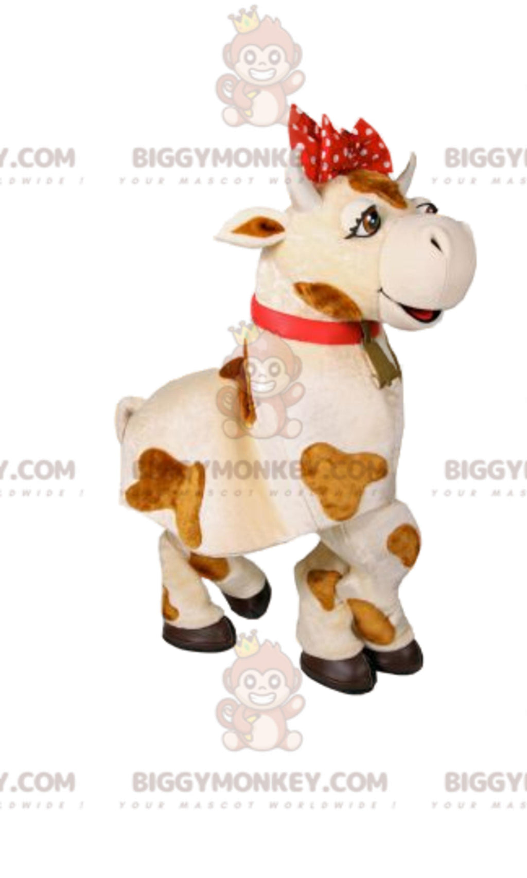 BIGGYMONKEYMascot Costume White and Brown Cow with Red Bow