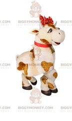 BIGGYMONKEYMascot Costume White and Brown Cow with Red Bow