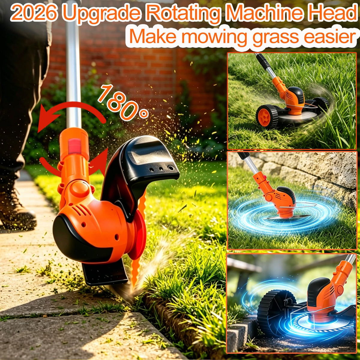 Cordles Weed Wacker, 21V Electric Weed Eater Battery Powered, No String Trimmer with Wheels &amp; Metal Blades, Lightweight Grass Trimmer/Lawn Edger/Brush Cutter, Stringless Weed Trimmer for Yard Garden