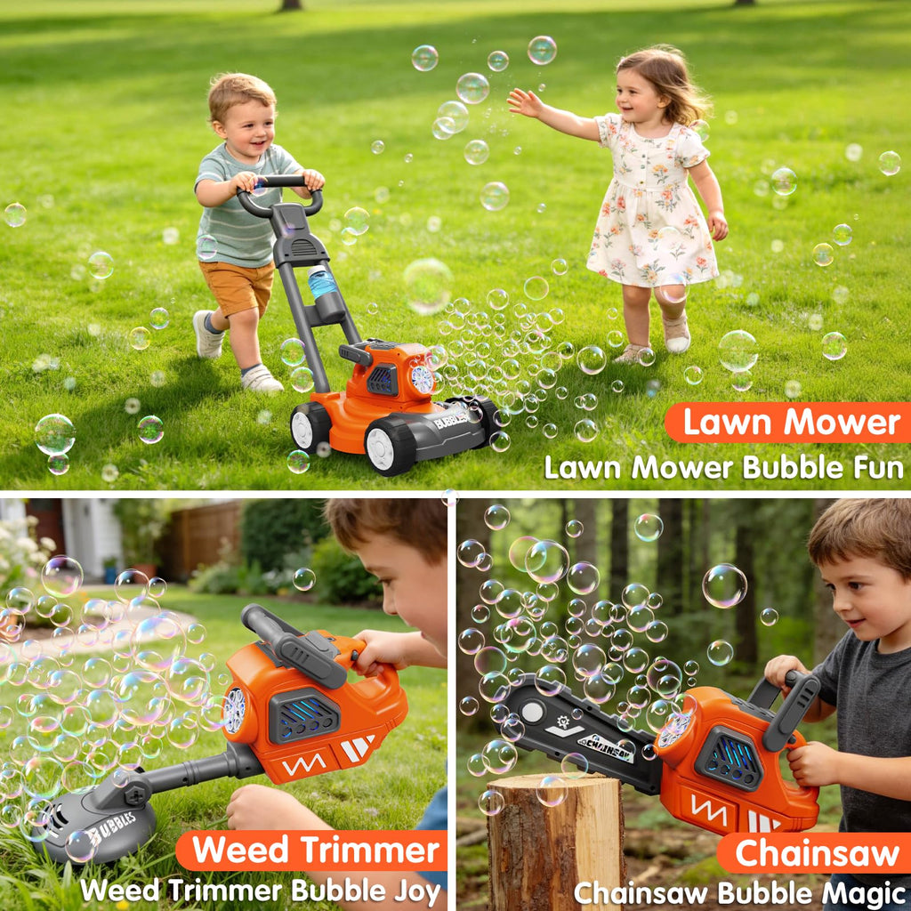 Bubble Lawn Mower for Kids,3-in-1 Bubble Machine Blower Toy Ages 3-8 Oran| Automatic Bubble Blower,10 Solution Packs,Pretend Gardening Play,Push Toy for Toddlers,Summer Outdoor Gift for Boys and Girls