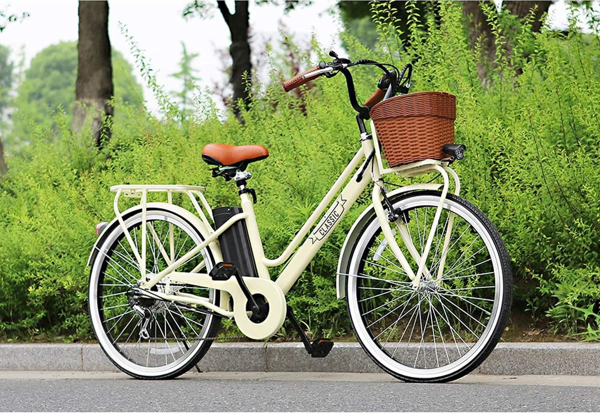 250W Electric Bike 26" Electric Bicycle 6 Speed Electric Bikes for Adults City Ebike for Women with Basket High Speed Electric Bikes with 36V 12AH Removable Battery