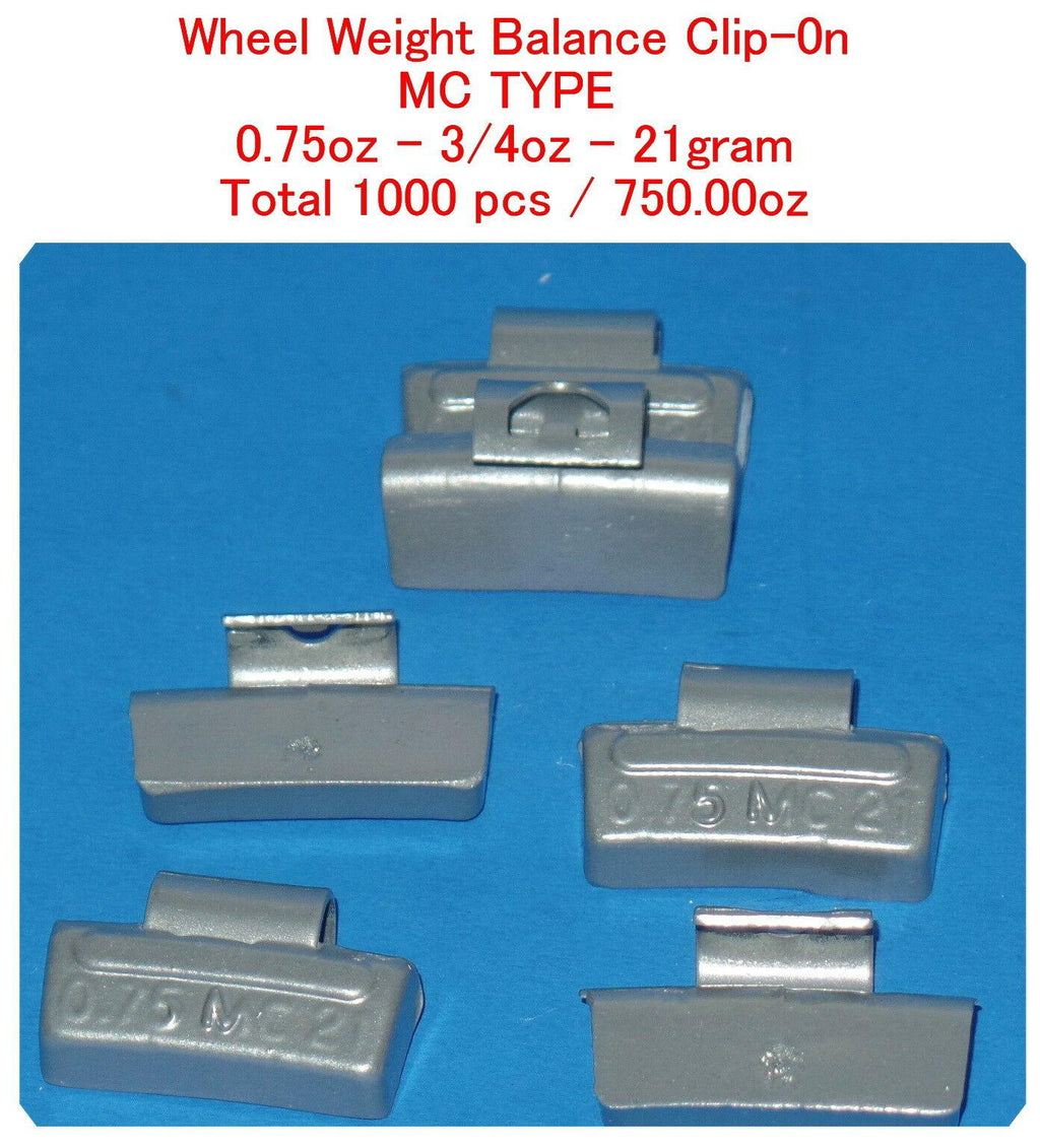 1000 Pcs ZN CLIP-ON WHEEL WEIGHT  0.75oz 3/4oz 21g MC Type Total 750.00oz